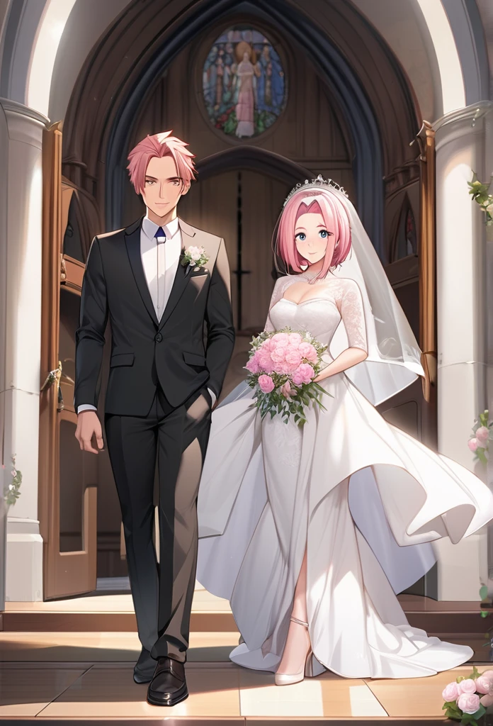 Sakura Haruno, ((Single)), Single, wife, Wearing a white wedding dress, queen, happy, ((Forehead to show)), Standing, Entering the church, Pink hair, short hair, sensitive, young man, short hair, Detailed face, very accurate, ((Full body)), (Flowers around), Full body, she is a Beautiful woman getting married, The face is of high quality, Beautiful, radiant (lower body) His cock coming out of his pants (Naked, not wearing anything)