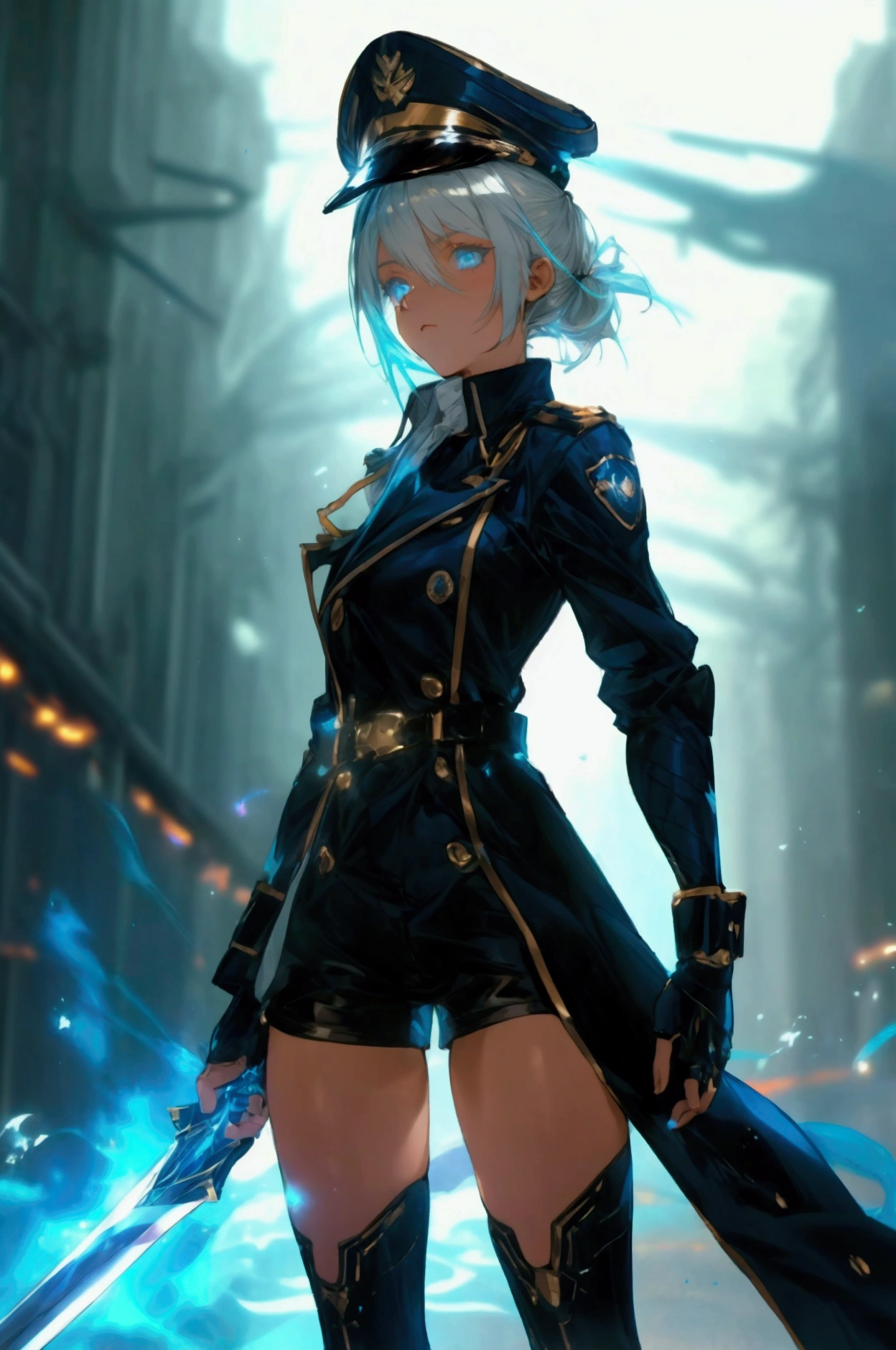 1female, a female commander, (white hair with a shade of glowing light blue on her hair), a short ponytail hair, wearing a captain hat, wearing a uniform with dark blue trench coat outside, shorts with exposed thighs, wielding a sword with flowing blue energy on her hand, an epic stance, masterpiece, light novel illustrations, sci-fi game, beautiful space background with contrast lens flare