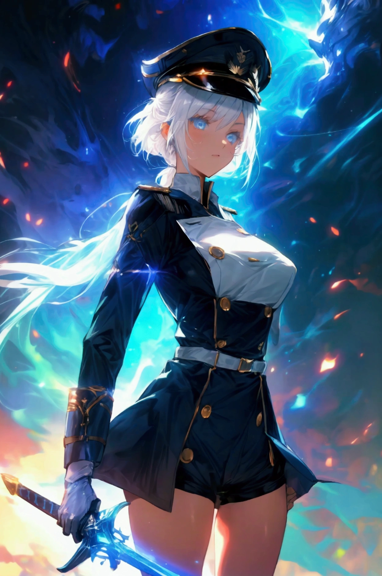 1female, a female commander, (white hair with a shade of glowing light blue on her hair), a short ponytail hair, wearing a captain hat, wearing a uniform with dark blue trench coat outside, shorts with exposed thighs, wielding a sword with flowing blue energy on her hand, an epic stance, masterpiece, light novel illustrations, sci-fi game, beautiful space background with contrast lens flare