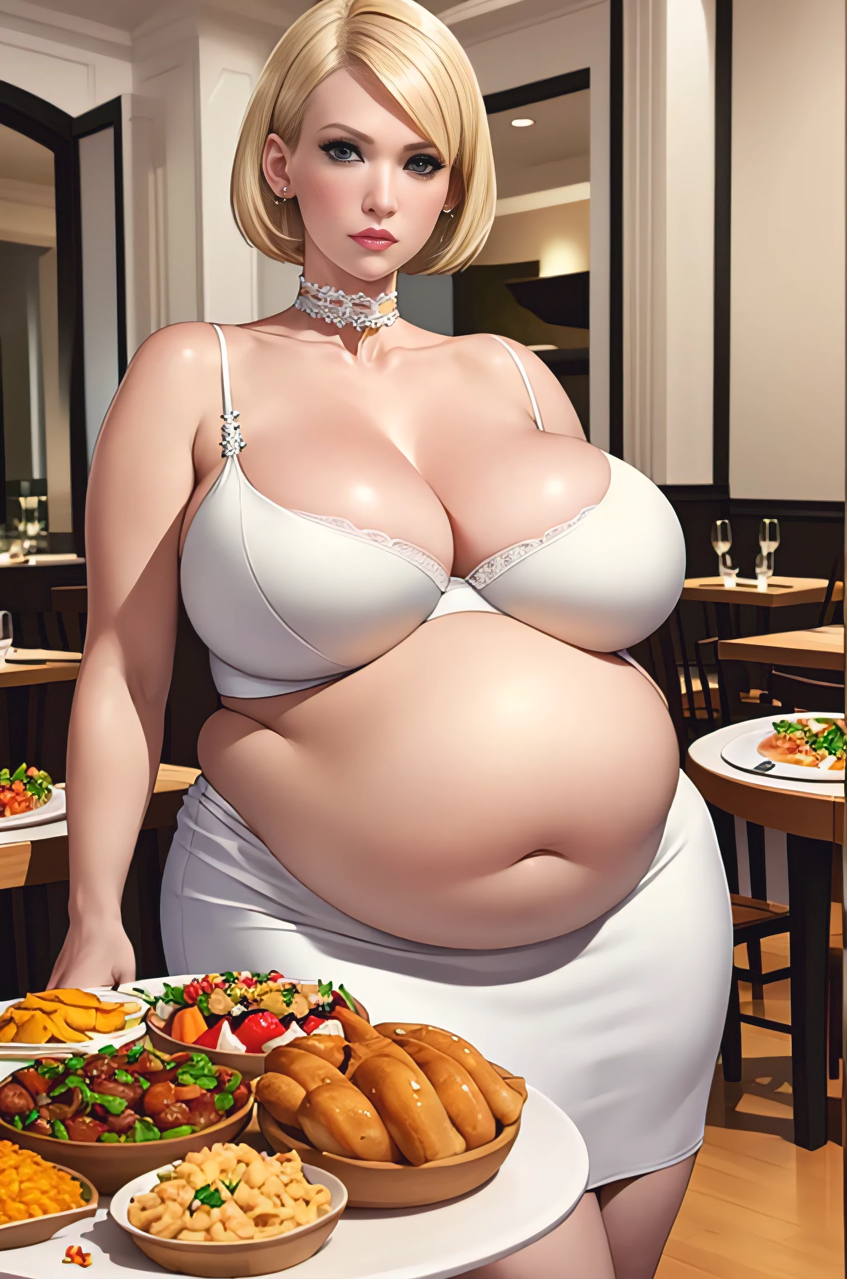 January Jones, masterpiece quality, (masterpiece quality:1.3), detailed, realistic, (realistic:1.3), in a busy restaurant, lots of food in background, food everywhere, buffet table in background, short hair, platinum hair, wearing white dress, (white dress:1.5), short skirt, wearing choker collar, big breasts, (big breasts:1.5), chubby body, chubby belly, (chubby belly:1.5),