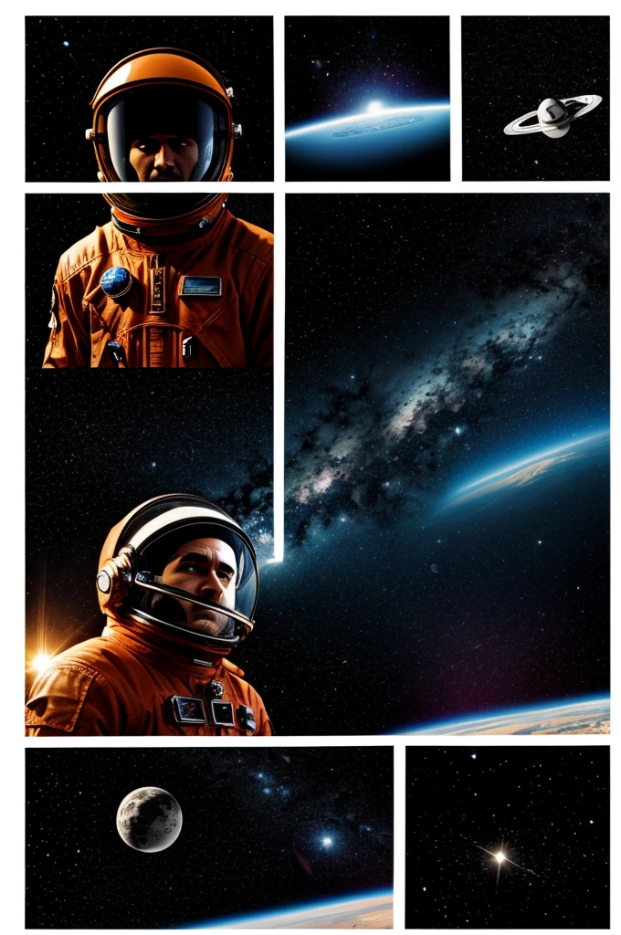 Confused man in outer space comic format medium shot and medium angle