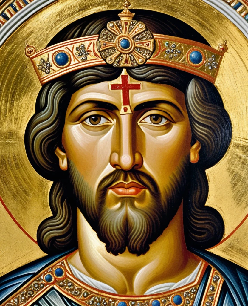 ((best qualityer)), ((work of art)), (detailded), Byzantine emperor, (Justinian), historic photo, meticulously detailed, best pose, best photo, best known portrait, 6th century, Greek-Slavic ethnicity, skin detailed, detailed face, (IVSTINANVS I)