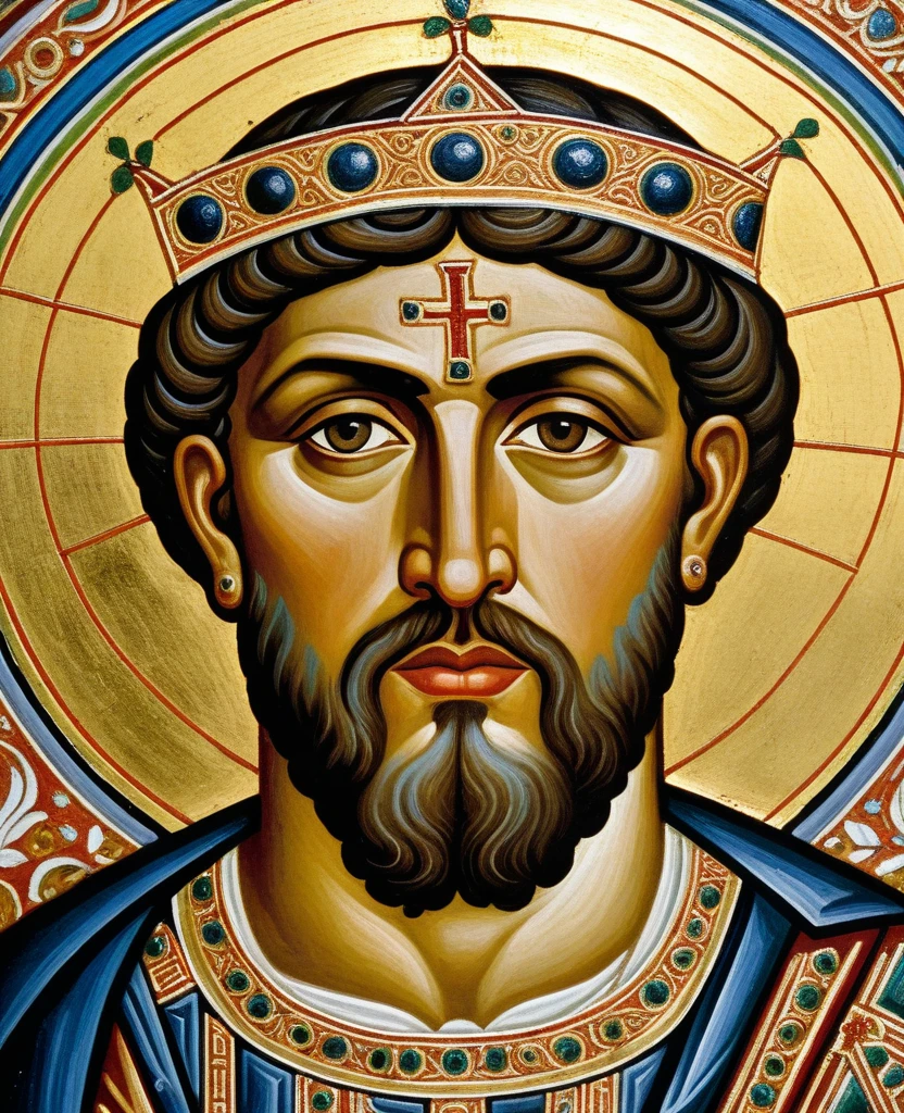 ((best qualityer)), ((work of art)), (detailded), Byzantine emperor, (Justinian), historic photo, meticulously detailed, best pose, best photo, best known portrait, 6th century, Greek-Slavic ethnicity, skin detailed, detailed face, (IVSTINANVS I)