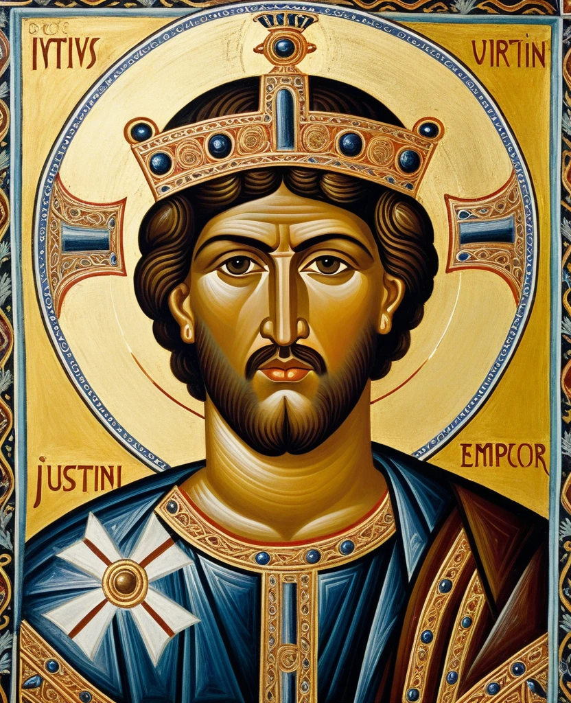 ((best qualityer)), ((work of art)), (detailded), Byzantine emperor, (Justinian), historic photo, meticulously detailed, best pose, best photo, best known portrait, 6th century, Greek-Slavic ethnicity, skin detailed, detailed face, (IVSTINANVS I)