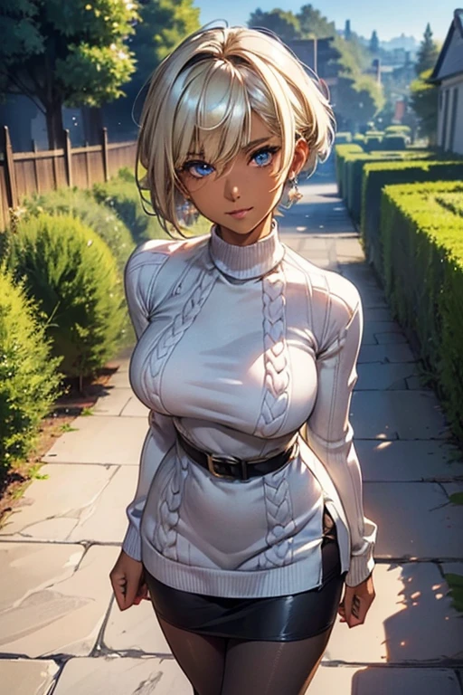 #Basics A girl is posing for a photo, animeのかわいい女の子, (((One Girl, Baby Face, Young girl, 16 years old))),
BREAK
#Clothing Accessories
((White knit sweater dress:1.2) : High neck + Roll up your sleeves + Tight fit at the waist with a black belt + black leather pencil mini skirt + Shiny and sheer black pantyhose, Lace-up boots),
Red gemstone earrings, fancy silver necklace,
BREAK
#Features
((Blonde)), Curly hair, (Pixie Cut Hair : Very short hair + Hair curled outside + Thin Hair),
(Droopy eyes, blue eyes), (Small breasts), ((Tanned and dark skin:1.3)),
BREAK
#background environment
(noon、(Stone path lit by sunlight, garden, A rural townscape can be seen in the background.)),
#Facial Expression Pose
((Wicked Smile), (A powerful walking pose with arms naturally hanging down at the sides)),
#composition
((Face the camera, Cowboy Shot)),
BREAK
#Body parts elements
(Detailed hair, Beautiful Hair, Shiny Hair),
(double eyelid, Long eyelashes),
(Expression of fine eyes, Beautiful and delicate eyes, Sparkling eyes, Eye Reflexes, Glitter Eyeliner),
(Human Ear),
(Beautiful Nose, Thin Nose),
(Glossy lips, Beautiful Lips, Thick lips, Glossy Lips, Natural Cheeks),
(Detailed face, Symmetrical facial features),
(Detailed skin, Textured skin, Beautiful Skin, Shiny skin),
BREAK
#Quality
(((Highest quality)), ((masterpiece)), ((Very detailed))), ((High resolution), (16K,1080P)),
(Realistic), (Anatomically correct),
((comics, anime)), (3DCG), CG illustration,