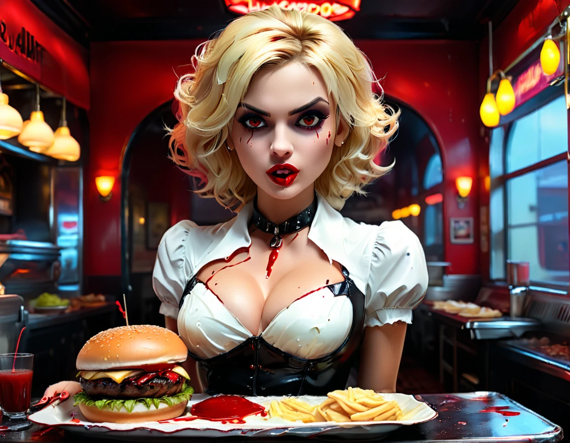 a 3D digital painting picture of extremely (beautiful female vanpire:1.3) ((serving a big juicy raw hamburger: 1.3)) on a tray, dripping blood in a goth American diner, an exquisite beautiful female (vampire:1.3), (full body: 1.3) ultra feminine ultra detailed face, blond hair, short hair, red lips, red eyes, glowing eyes, wearing  glamour white seductive latex dress, serving a goth diner American kitchen background, full body dynamic angle, , award winning, best quality, high quality, high details, highres, vibrant, Ultra-high resolution, High Contrast, (masterpiece:1.5), highest quality, Best aesthetics, best details, best quality, highres, ultra wide angle, 16k, [ultra detailed], masterpiece, best quality, photorealistic, 3D rendering, Cinematic Hollywood Film, chumbasket art style