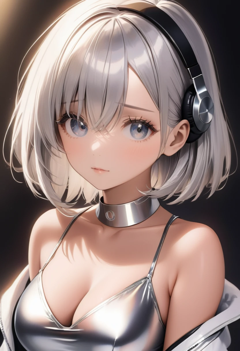 (((perfect quality, perfect anatomy, perfect body, beautiful, masterpiece))), (shiny silver hair, bob cut, bang between eyes, beautiful hair, detailed silver eyes, beautiful eyes, large breast), 1 beautiful girl, cute face, beautiful face, pretty face, beautiful, best quality, good anatomy, in recording studio, recording her song, wear headphone, singing seriously,