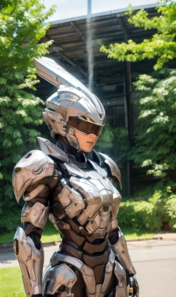 Textured skin, Super detailed, Attention to detail, high quality, 最high quality, High resolution, 1080P, hard disk, beautiful,(War Machine),beautifulサイボーグ女性,Dark Green Mecha Cyborg Girl,battle,Girl with a mechanical body,、Plain junior high school girl　Boyish short hair、Sweaty brown eyes、Sweaty face、Expressions of joy　Blushing　Cute Smile　Black-haired　((Steam coming out of the head)) (Steam coming out of the whole body) Cool pose　Gloss　Sweat flying