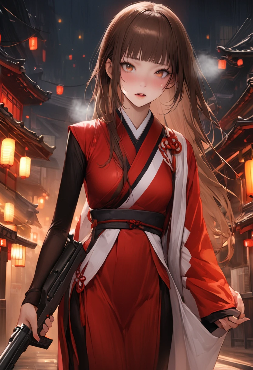 Action Sceneasterpiece,Highest quality:1.3,best quality illustration))),(realistic),cowboy shot,独奏,1woman,(18-year-old、Japanese Beauty)、brown hair,long hair,bangs,brown eyes,gorgeous eyes,((very small head:1.3)),Heavy breathing,((very long body:1.2,skinny)),medium breasts,(Red ribbon tie、White collared shirt、Long sleeve、Navy blue pleated neakers,sweat,gleaming skin,toned body,slender body,(Shooting stance、Shoot a gun),Holding a handgun in your hand、Sneakers、Ruined town、at night、Tokyo、