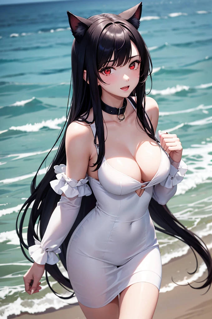 Detailed facial details,,1 girl,Slim,Red lips,Cat ear,Black long hair,Large Breasts,Wearing a snow-white wedding dress,Charming red eye,Handcuffs,Collar,Radiant Skin,seaside,Walking on the beach