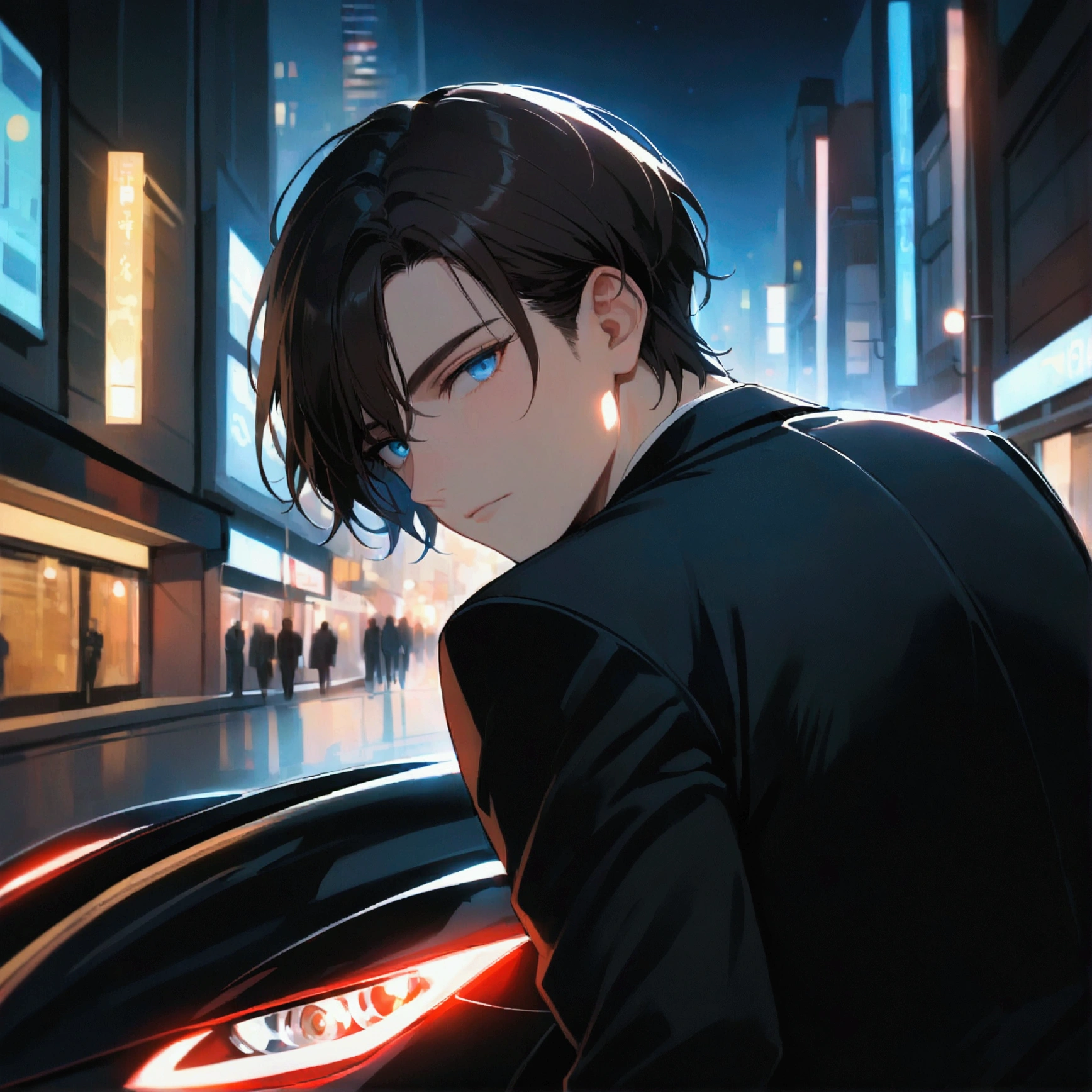 A young man with dark hair and blue eyes in a black suit turned his back and half his face in the middle of the city, leaning on a sports car at night.