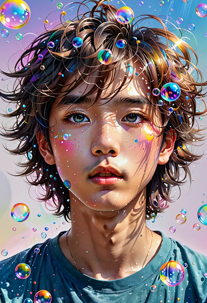 Xingqiu (masterpiece), (best quality), (ultra detailed),(disheveled hair),(illustration), (1boy), beautifuldetailedeyes,delicate beautiful face,Floating,(high saturation),(colorful splashes),colorful bubble,(shining),focus on face