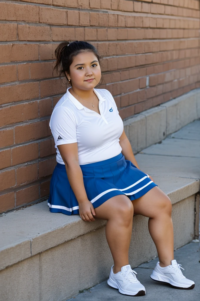22 years , güerita , white tennis shoes , blue skirt with white stripes , A little chubby , chocolate blonde hair with black ,Brown eyes