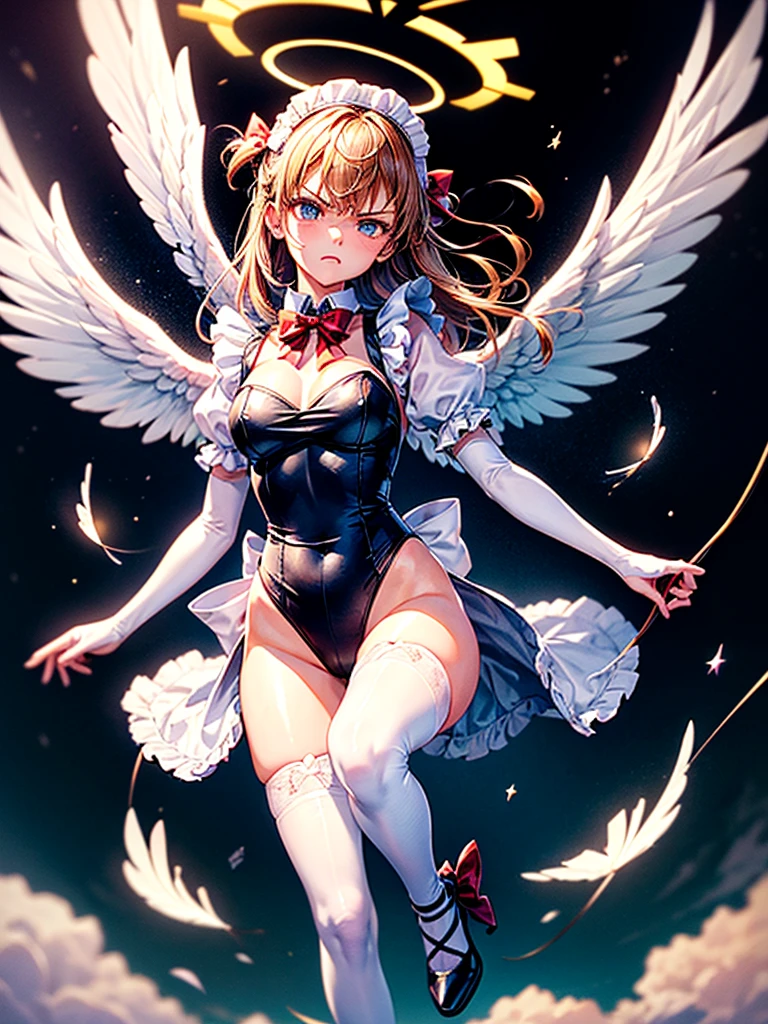 Highest quality,Highest Resolution,Beautiful girl with angry face in maid leotard,Frills,High leg,(((Floating in the air))),Halo,universe,Milky Way,meteor,Very beautiful eyes,(((White angel wings on the back))),whole body,long hair,(((Shoot a bow))),Knee-high stockings,Floating in the air,