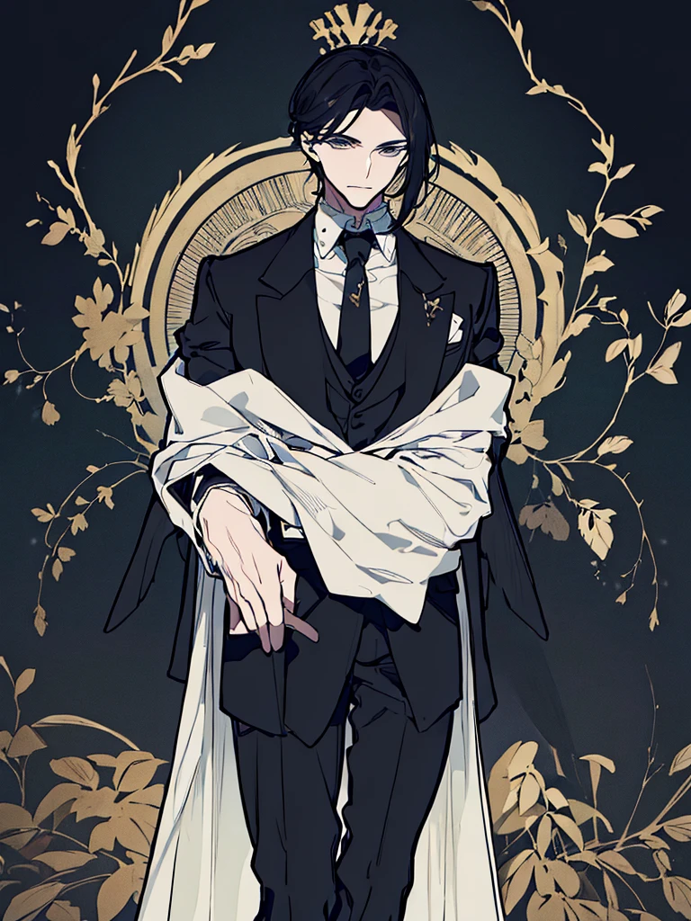 A man with an attractive and mysterious appearance. wearing an elegant dark suit, complete with a neat black tie. His hair is white and regular, creating a firm yet mysterious impression. Sharp eyes imply intelligence and deep observation. an aura of strong self-confidence, which conveys a figure that is not easy to approach but is very strong.
