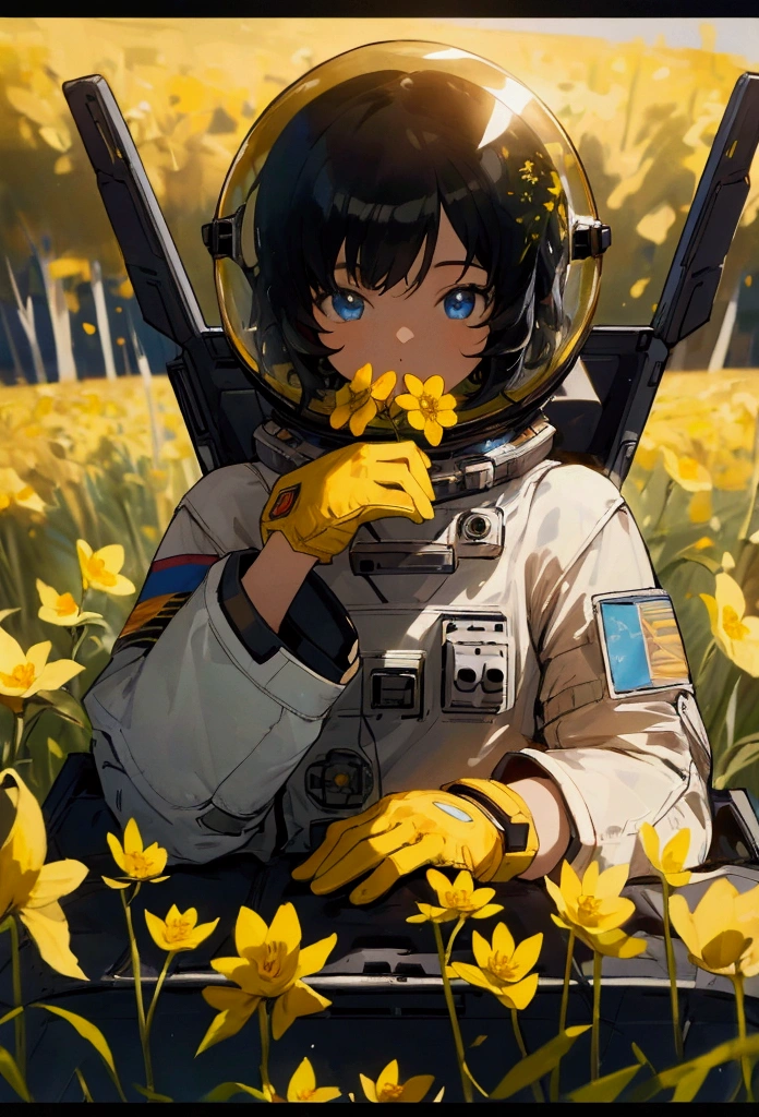 (masterpiece, best quality),cinematic composition, letterboxed, depth of field, solo focus, astronaut sitting in a field of yellow flowers with resting on the ground, gloves, yellow flower, black gloves, spacesuit, science fiction, sunlight, black hair, blue eyes, looking at viewer