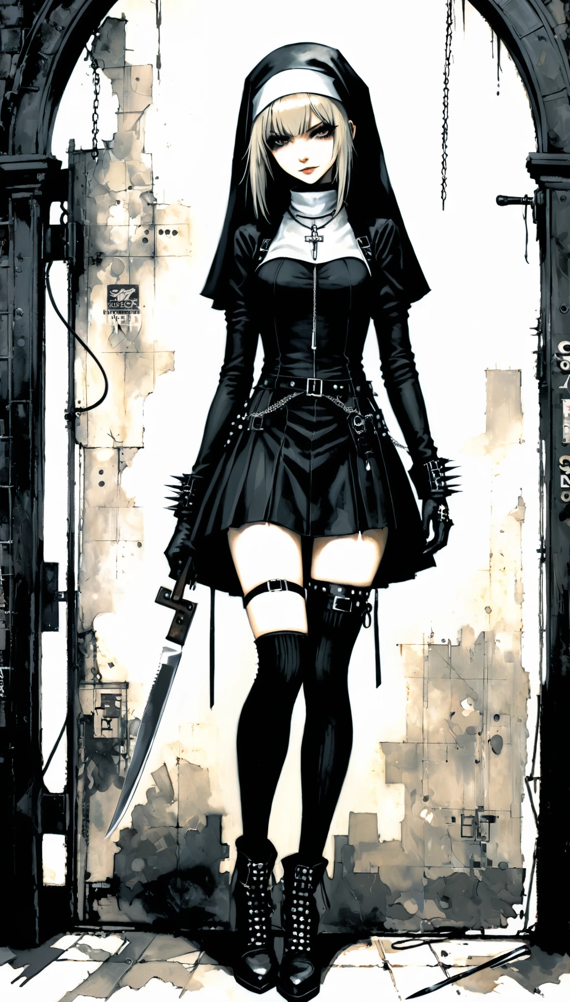 (in style of Ashley Wood:1.1),in style of Santiago Caruso,
1girl,n.u.n.s. gothic style,stocking straps,assassin nuns,a firm expression,dsmile,from the side,pulled-up skirt,bound_knees,(the knife hangs on the outside of the thigh:1.5),spiked gothpunk,