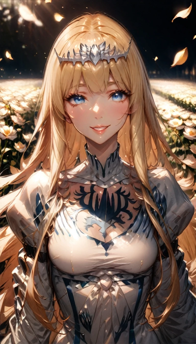 best quality, high-resolution,ultra-detailed,portrait, ,  standing,flowers field,,smiling woman,close up to abs,  beautiful detailed eyes,beautiful detailed lips,flower petals on air,,vivid colors,studio lighting,soft sunlight, happy face, ((cleavages:0.6)), half body, 1girl,solo, calca, blonde hair, ,( extremely long hair:1.2), very long hair, extra long hair, white tiara, white dress, blue eyes,Calca Bessarez, medium breast,Calca