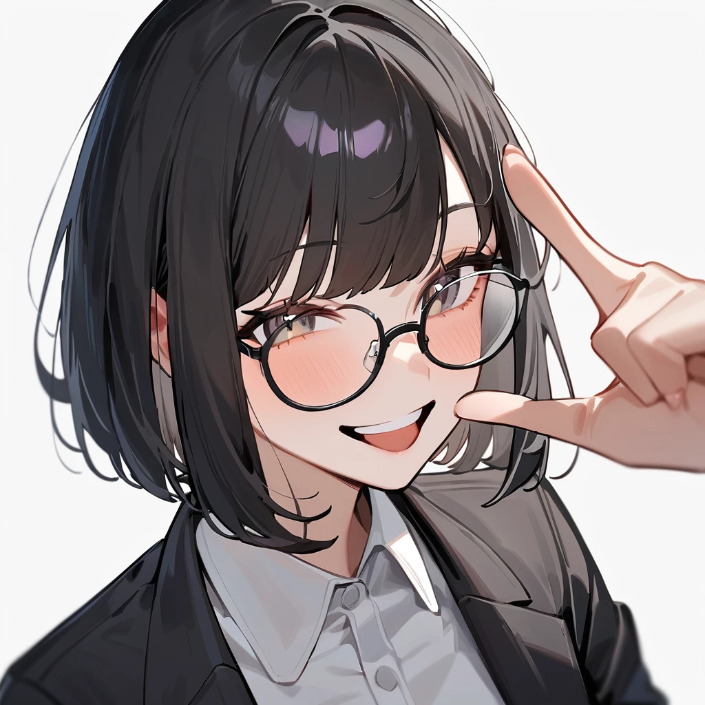 masterpiece, Highest quality, so beautiful, Absurd,
One girl, alone, Black Hair, Bobcut,
Thermont 16A, Glasses, 
Collared shirt, Happy, smile, Sticking out tongue、Pinch your nose、View your viewers, White Background, Simple Background,
 