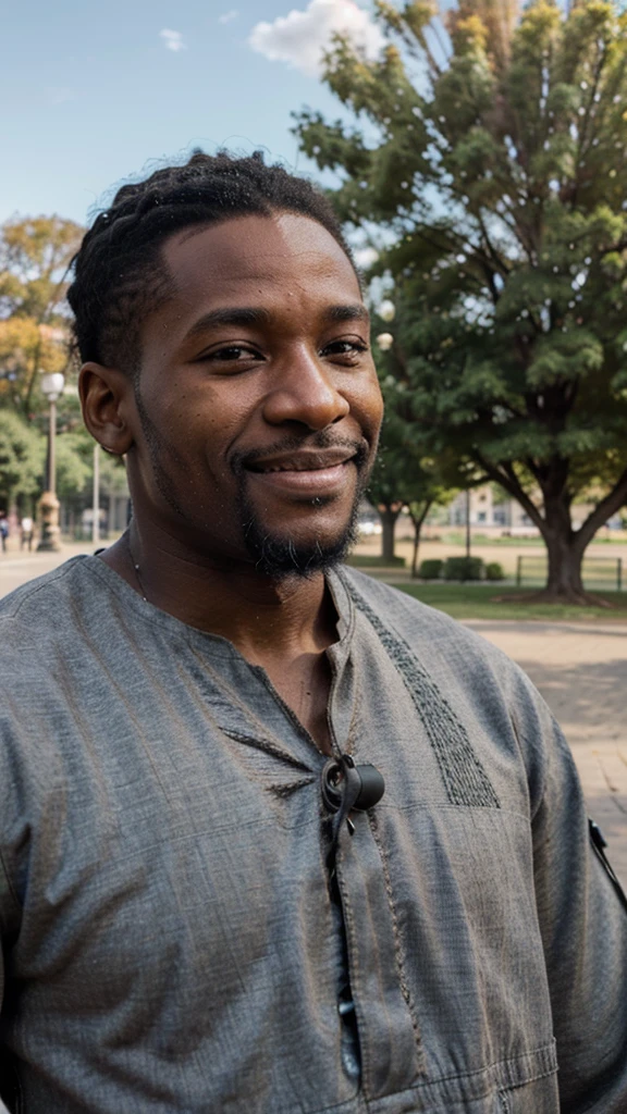 a black man, small beard, wrinkled, weathered, with piercing eyes, ((long distance shot:1.5)), smile, detailed face, high details, posing in the park, park on the background