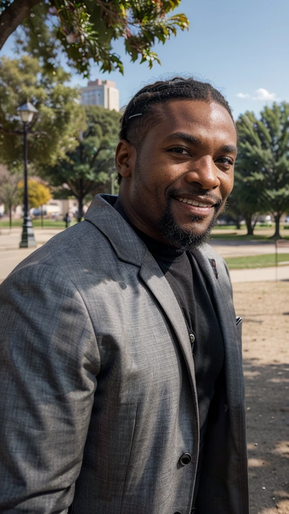 a black man, small beard, wrinkled, weathered, with piercing eyes, ((long distance shot:1.5)), smile, detailed face, high details, posing in the park, park on the background