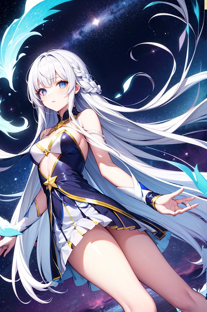 anime girl with long white hair and a star in her hair, White-haired God, Anime girl with space-like hair, star(null) starnull, Cute girl anime visuals, Splash art anime white glowing aura, White Hair Girl, Ethereal Anime,  Celestial Aura, Nightcore, Anime Moe Art Style