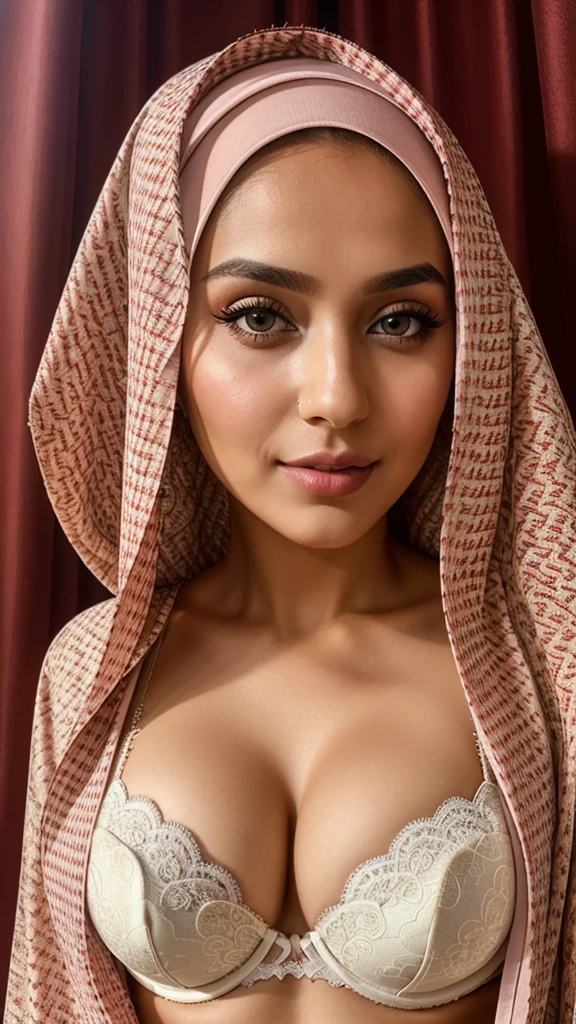 Instagram models pose in Qatar, full entire body, beautiful detailed eyes, beautifully detailed lips, extremely detailed eyes and face, short, nice rosa Haar ((best qulaity)), ((​masterpiece)), (detailled), perfect face, big breasts with bra & hijab, full entire body