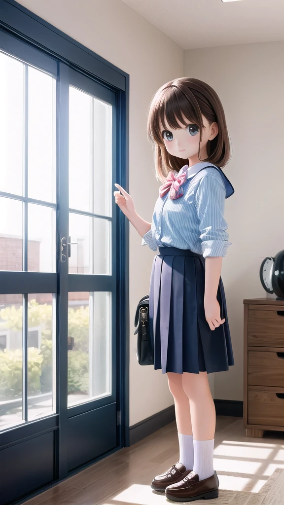 A cute girl,Wearing a skirt,Standing in front of the window,Beautiful picture