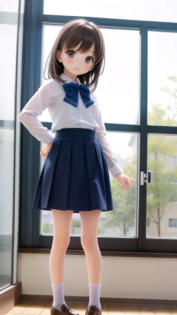 A cute girl,Wearing a skirt,Standing in front of the window,Beautiful picture