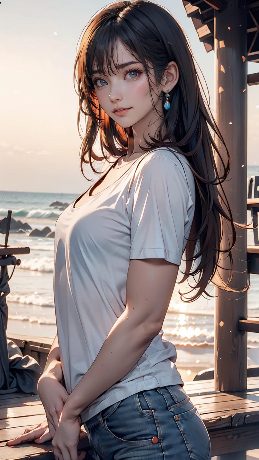 (8K, RAW photograph, Highest quality, masterpiece:1.3),(Genuine,photograph:1.37),(Looking at the audience:1.331),(Black Hair),Pause,Beachfront,Morning view,sunrise,sunny,One girl,Very beautiful face,small,Hands down,Pony Hairstyle,Hair weight,Fluffy hair,Shoulder length,Straight hair,Random representation,Smile with the corners of your mouth,Big eyes,(T-Shirts,Round Collar,Short sleeve,Opaque color,Shirt color),(Wear pants),Mix 4,Hair accessories are not permitted,Highest quality Hair