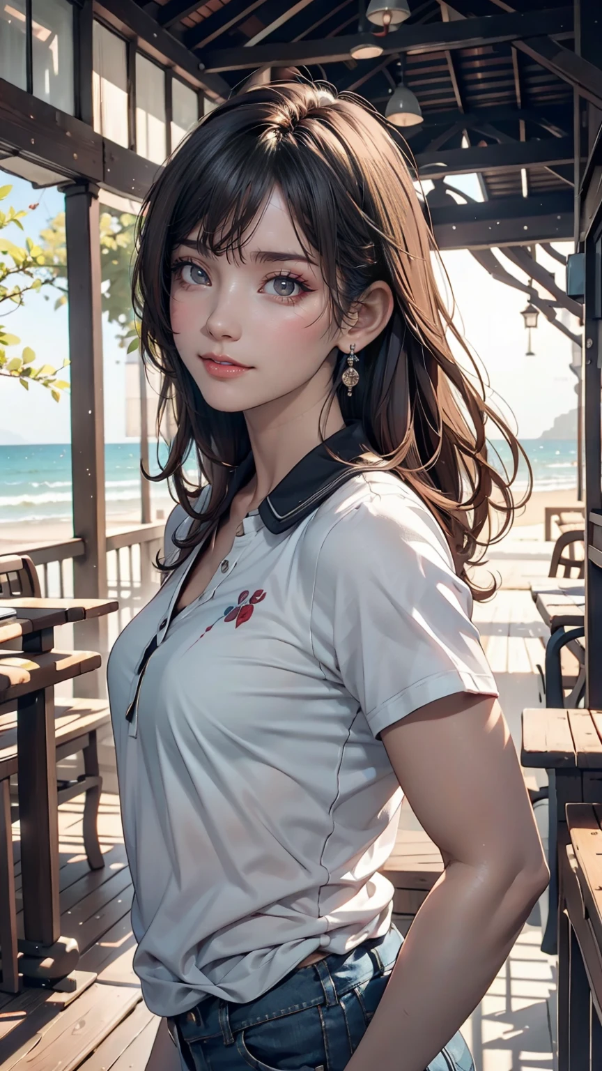 (8K, RAW photograph, Highest quality, masterpiece:1.3),(Genuine,photograph:1.37),(Looking at the audience:1.331),(Black Hair),Pause,Beachfront,Morning view,sunrise,sunny,One girl,Very beautiful face,small,Hands down,Pony Hairstyle,Hair weight,Fluffy hair,Shoulder length,Straight hair,Random representation,Smile with the corners of your mouth,Big eyes,(T-Shirts,Round Collar,Short sleeve,Opaque color,Shirt color),(Wear pants),Mix 4,Hair accessories are not permitted,Highest quality Hair