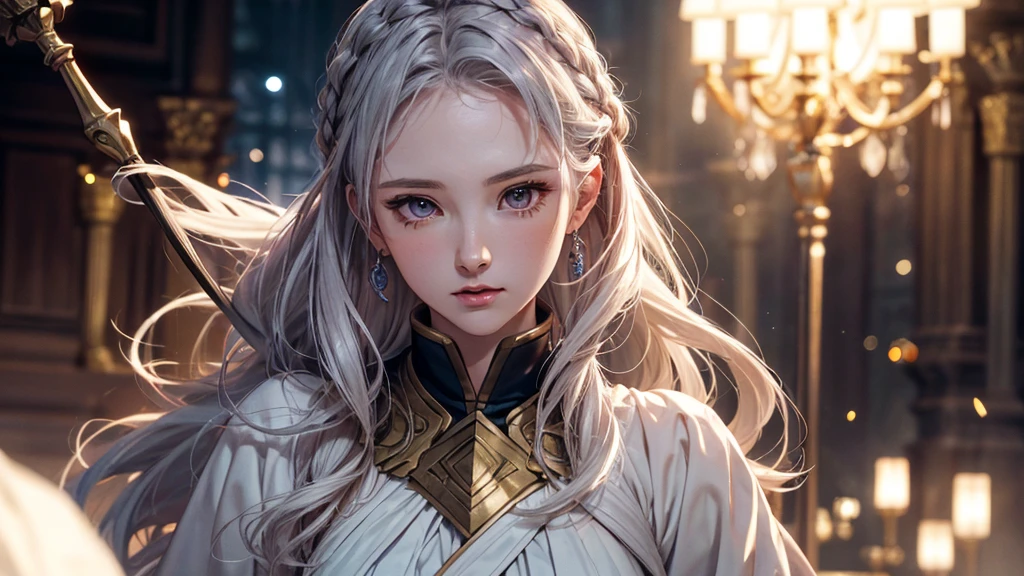 One Girl,goddess，Delicate and beautiful face,Flowing，Perfect balance, detailedな衣服のdetailed,Cinema Lighting, Film Grain, Fujicolor, Light and dark contrast, 8K, masterpiece, Textured skin, 超detailed, High detail, high quality, High resolution,(最high quality, masterpiece, colorful, Dynamic Angle, highest detailed)Full body photo, ull body photos amazing real, (close), One Girl, Fire emblem: Genealogy of the Holy War,Deirdre,purplish-silver hair,Wavy Hair, Long walking stick,White robe (Intricate details, hyperdetailed:1.15), detailed, Light passing through hair, (Official Art, extreme detailed, highest detailed),Light and dark contrast, 8K, masterpiece, Textured skin, 超detailed, High detail, high quality, High resolution,(最high quality, masterpiece, Dynamic Angle, highest detailed),