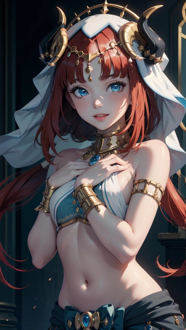 ((Masterpiece)),(Best Quality),((ultra-detailed)), (beautiful detailed face), depth of field,detailed,((beautiful detailed eyes)), small breasts, niloudef, portrait 3:4, belly dance pose, sensual, seductive. Theater stage background. smiling.
