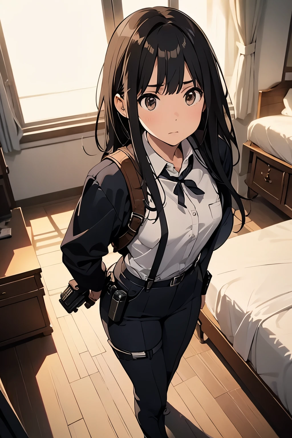 1 female, , high quality, masterpiece, Ultra-high resolution, , Cinema Lighting, , , And the suspenders with the cranes flying Moderate breasts Small face holster Lying in bed Looking up Sweat belt summer 脇Sweat Black Hole Gloves suit shirt Black jacket Black trousers Leg Links ズボンにbelt holster Hands behind your back Anxious expression Looking up Anxious face, legs apart