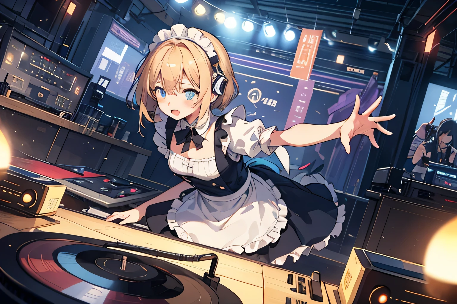 Multiple girl DJs,Light blue maid outfit,Alice, Turntable, god々New Scratchwork, Techno Hardcore Style, Inhuman sense of rhythm, Transitioning to Subspace, Future Ultra-Advanced Technology Club, Outdoor, masterpiece, super high quality, High resolution, Dutch Angle, Great background,