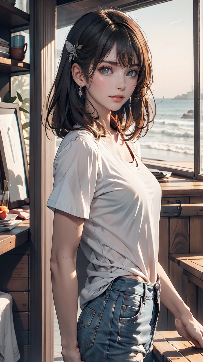 (8K, RAW photograph, Highest quality, masterpiece:1.3),(Genuine,photograph:1.37),(Looking at the audience:1.331),(Black Hair),Pause,Beachfront,Morning view,sunrise,sunny,One girl,Very beautiful face,small,Hands down,Pony Hairstyle,Hair weight,Fluffy hair,Shoulder length,Straight hair,Random representation,Smile with the corners of your mouth,Big eyes,(T-Shirts,Round Collar,Short sleeve,Opaque color,Shirt color),(Wear pants),Mix 4,Hair accessories are not permitted,Highest quality Hair