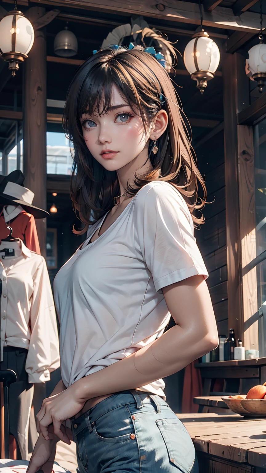 (8K, RAW photograph, Highest quality, masterpiece:1.3),(Genuine,photograph:1.37),(Looking at the audience:1.331),(Black Hair),Pause,Beachfront,Morning view,sunrise,sunny,One girl,Very beautiful face,small,Hands down,Pony Hairstyle,Hair weight,Fluffy hair,Shoulder length,Straight hair,Random representation,Smile with the corners of your mouth,Big eyes,(T-Shirts,Round Collar,Short sleeve,Opaque color,Shirt color),(Wear pants),Mix 4,Hair accessories are not permitted,Highest quality Hair
