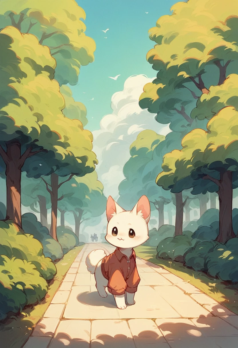 masterpiece,Highest quality,animal,a bit,cute,No humans,White kitten,Wear casual clothes,Stand on hind legs,The background is a park