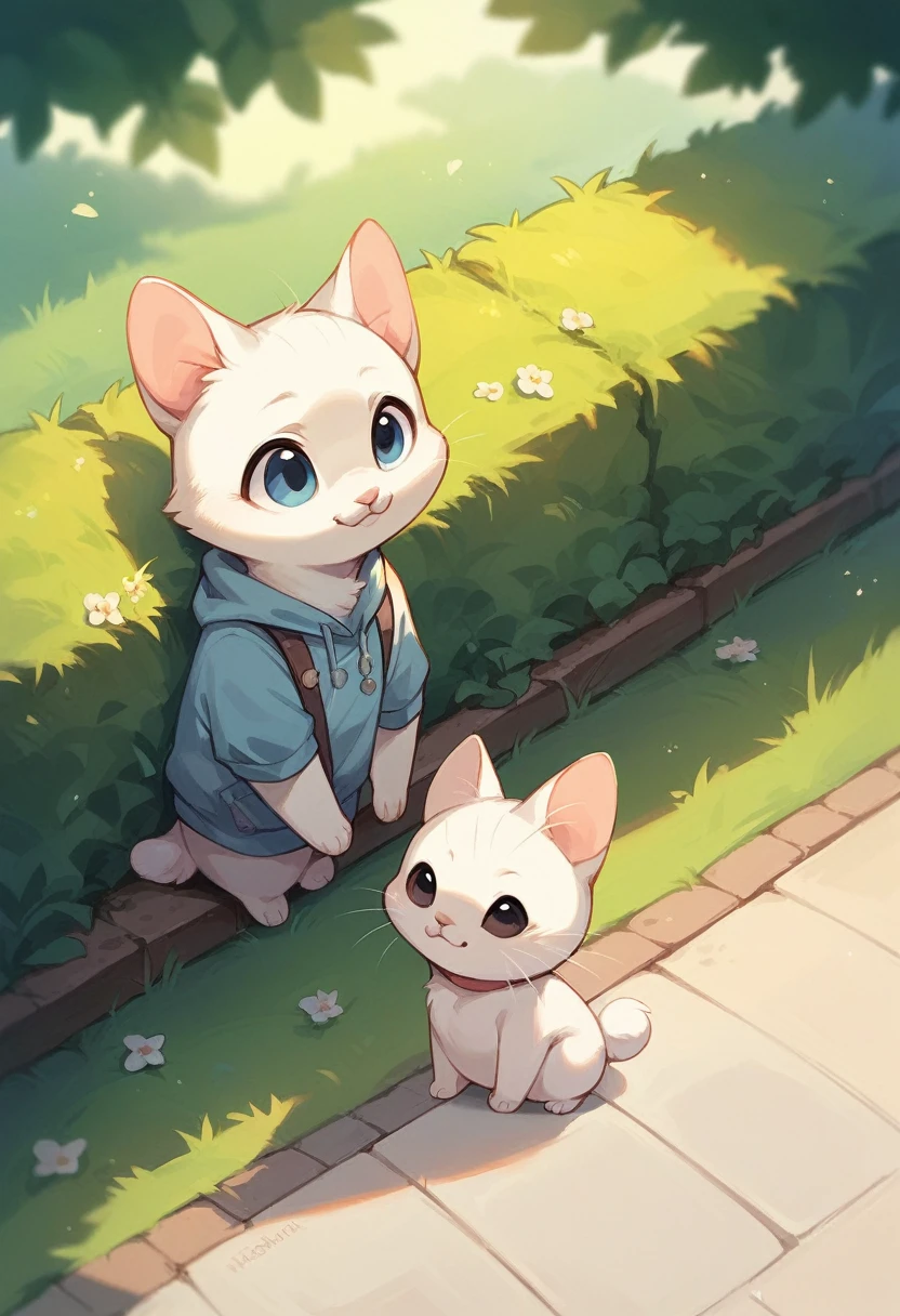 masterpiece,Highest quality,animal,a bit,cute,No humans,White kitten,Wear casual clothes,Stand on hind legs,The background is a park