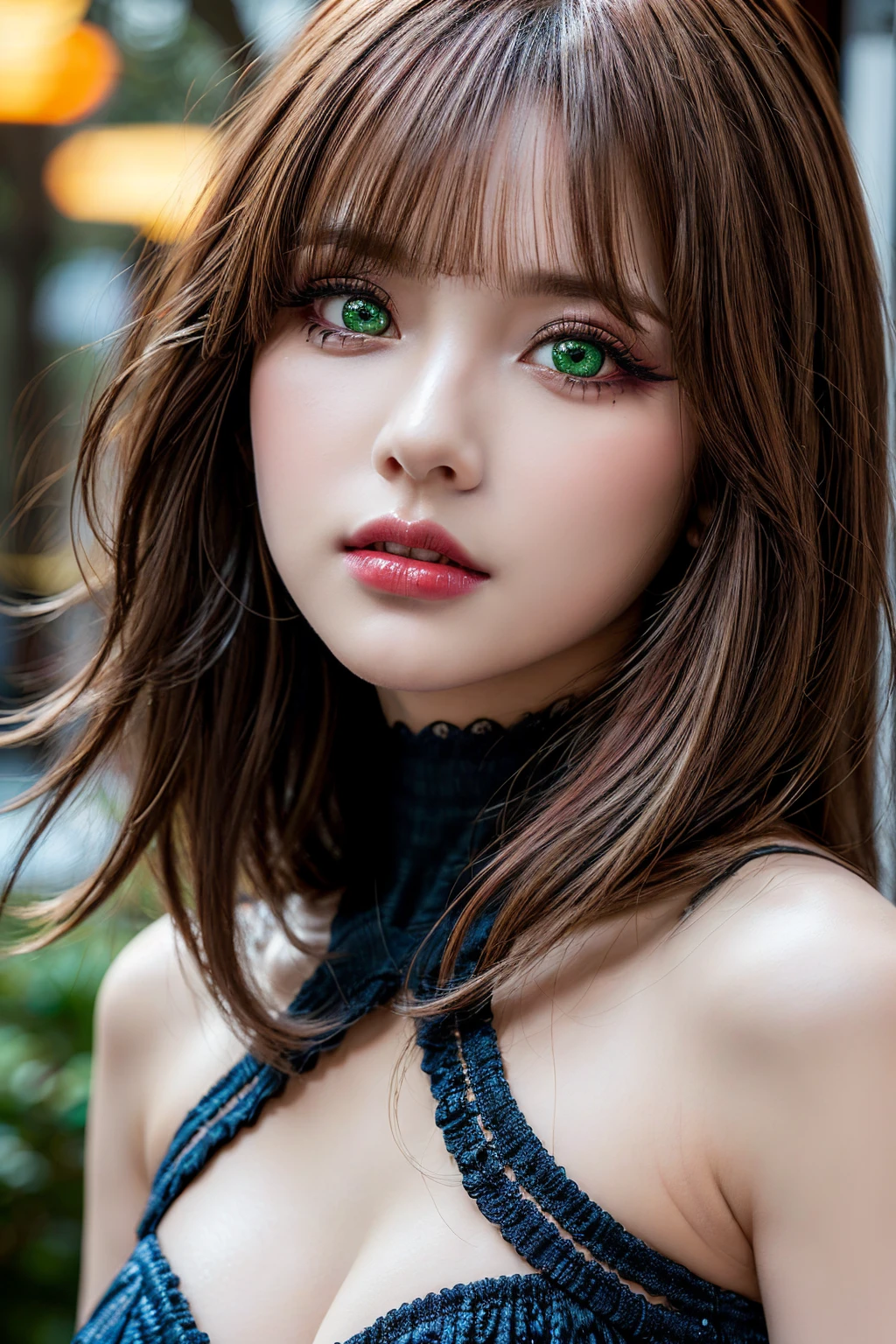 photorealism 16K realism, (Hyper-realistic proportional body, anatomically correct:1.3), ((ultra-fine digital art)), ((intricately detailed beautiful face)), (light pale complexion), BREAK, ((small round head)),(high detailed realistic Super beautiful slim and sharp-face), (best highest detailed realistic green_eyes:1.25), (Hyperrealistic - sharp real human eyes), (tired and sleepy and satisfied:0.0), (((close up of a woman's eyes:1.25)), perfect round eyes, ((finely detailed big pupils)),BREAK,detailed lips:1.3,pink_makeup:1.22, (long_blue_eyeliner:1.28), (red_lipstick:1.35),((perfect dark_eyeshadows:1.4)), (super detailed professional makeup on eyes:1.3), (Detailed nose:1.2), (best high quality real texture skin:1.3), (((red hair:1.3, ((bangs combed to the two side)), intricately details:1.35))), beautiful cheekbones, dramatic lighting, ((perfect composition)), pale skin, ((dry skin)), only 1 female, petticoats, ((high neckline)), (lace ultra details), (((detailed embroidery))), (Intricately detailed workmanship), ((unconventional skirt, transparent PVC in the shade of ORANGE:1.3)), ((Shiny ORANGE Transparent Holographic Full Bodysuit: 1.2)), cinematic light, detailed background of a large park with trees, dynamic pose, ((no decorations in the hair)), (dark shot:1.1), (firm normal full breasts),