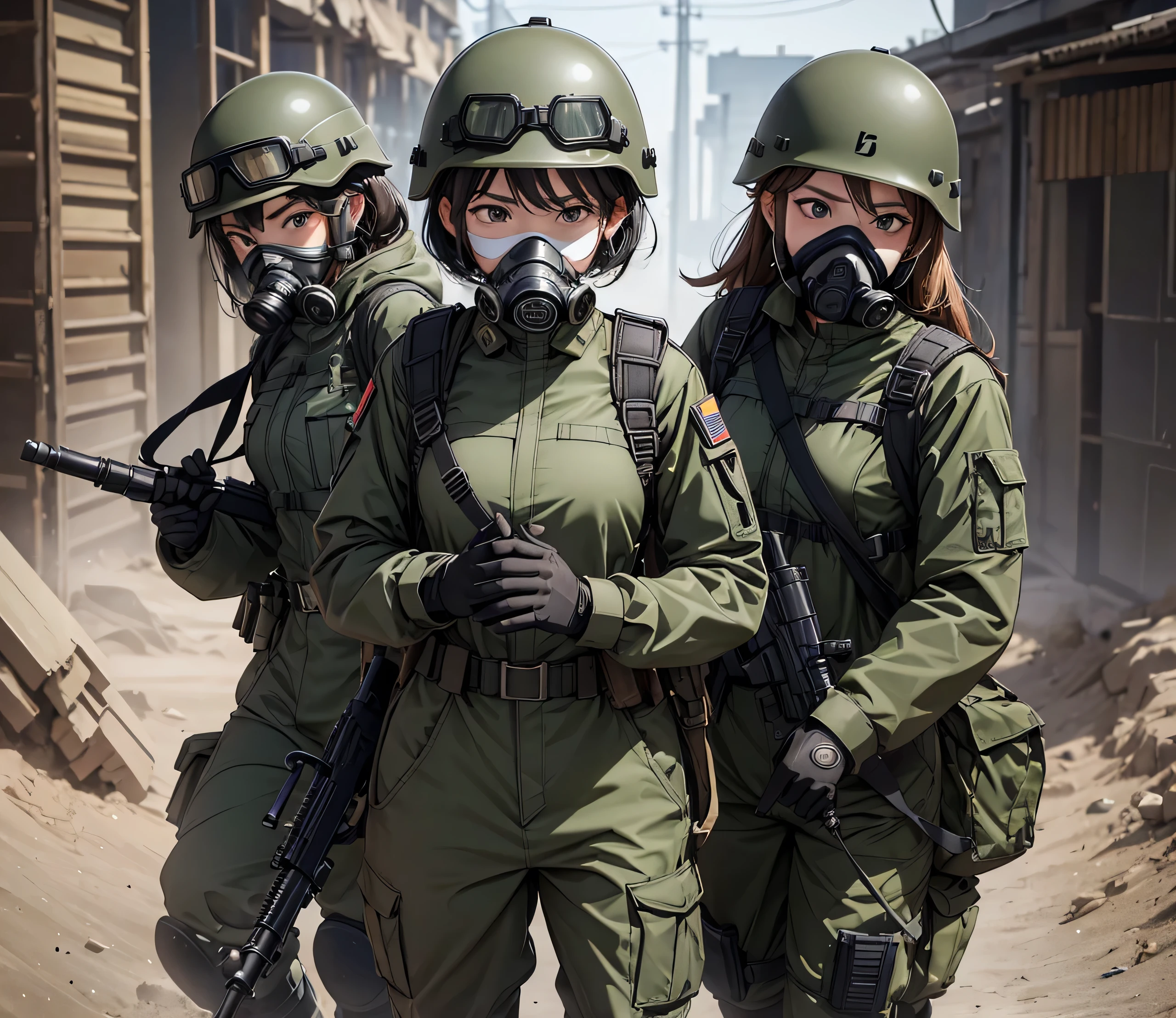 A group of female soldiers fighting in hand-to-hand combat,Wear a steel helmet、Goggles、Gas Mask、Wearing M-51 military uniform、Tactical shoulder strap、Write details、masterpiece、best quality、Highly detailed CG、8K picture quality