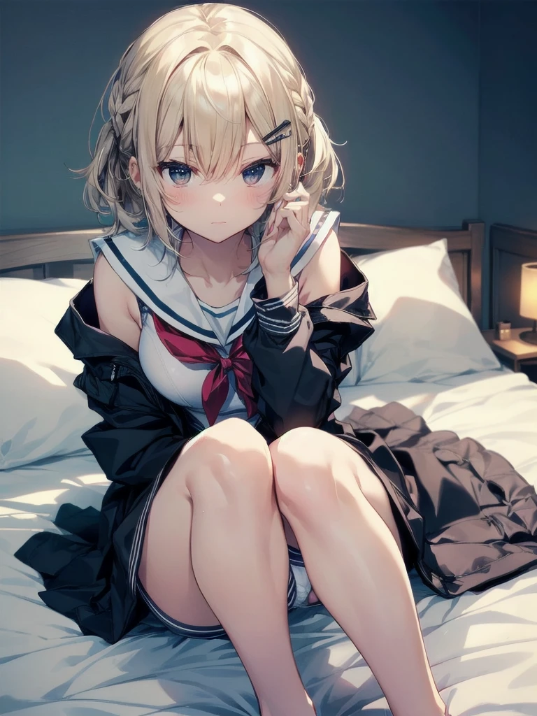 Highest quality, Anime Moe Art Style,Best Anime 8K Konachan Wallpaper,pixiv contest winners,Perfect Anatomy, (obscene,lure,Get naked,Beautiful, long legs ),break, 1 Girl, (alone,,,:1.3),high female underwear, short hair, amount, (Hair above one eye:1.7),All limbs, Full Finger,Big breasts, Between the legs, Small eyes,accurate black eyes, Hair Clip, (Sailor suit:1.5),(female underwear:1.5) skirt,bed room. break,Very detailed,High resolution,ultra high density skin, Professional Lighting,8K eye detail, (Cute illustrations:1.2),hair,Expressionless,(Hair on one eye:1.5),Sailor suitlure,Spread your legs and wait.Big breasts,female underwear,i