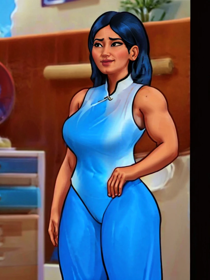 (work of art, best qualityer:1.2), 1 girl, standing alone,Dark Blue Hair,grey-eyed, She wears a white Cheongsam with a red, black and gold plant design, periwinkle pants and black and white dress shoes. She wears a silver ring on her ring finger.muscular female bodybuilder, oil painting, strong and defined muscles, intense expression, confident pose, gym scene, sweat glistening on your skin, bulging veins, toned physique, powerful presence, professional lighting, swirly vibrant colors, 真实感, extreme detailed description, sharp focus, (best qualityer, 4K, high resolution, work of art:1.2), physically based rendering, bodybuilding competition, intense training, Determination, Dedication, muscle symmetry, fitness journey, weightlifting, track and field, ultra-fine painting, vibrant energy, bokeh, dynamic composition.