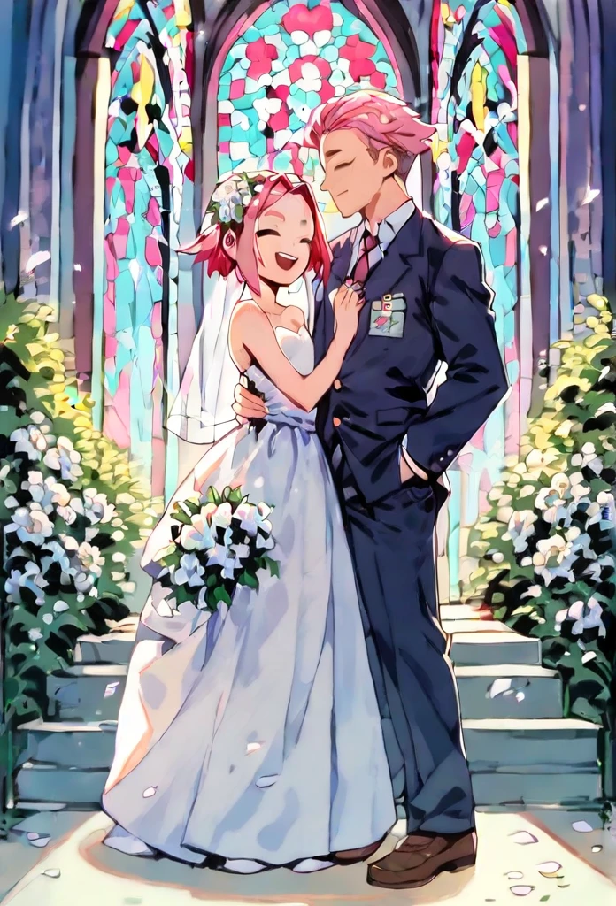 Sakura Haruno, ((Single)), Single, wife, Wearing a white wedding dress, queen, happy, ((Forehead to show)), Standing, Entering the church, Pink hair, short hair, sensitive, young man, short hair, Detailed face, very accurate, ((Full body)), (Flowers around), Full body, she is a Beautiful woman getting married, The face is of high quality, Beautiful, radiant (lower body) His cock coming out of his pants (Naked, not wearing anything)