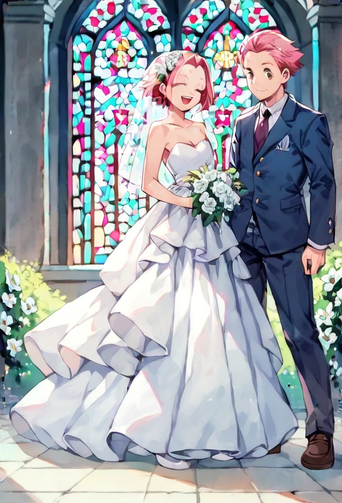 Sakura Haruno, ((Single)), Single, wife, Wearing a white wedding dress, queen, happy, ((Forehead to show)), Standing, Entering the church, Pink hair, short hair, sensitive, young man, short hair, Detailed face, very accurate, ((Full body)), (Flowers around), Full body, she is a Beautiful woman getting married, The face is of high quality, Beautiful, radiant (lower body) His cock coming out of his pants (Naked, not wearing anything)