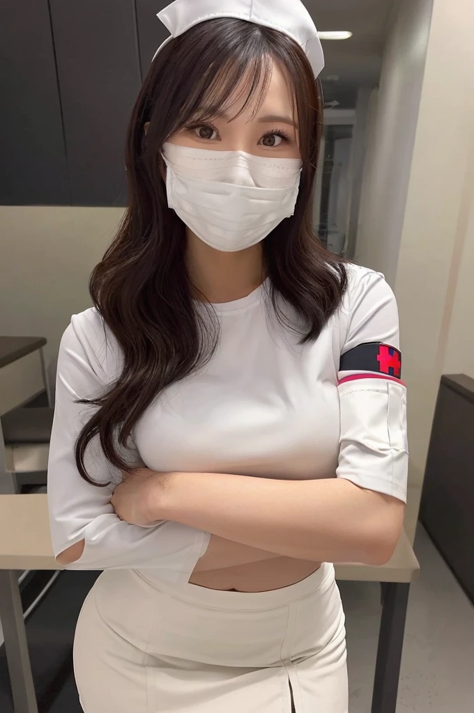 a nurse woman posing for a picture with a white half sleeve shirt and tight skirt on