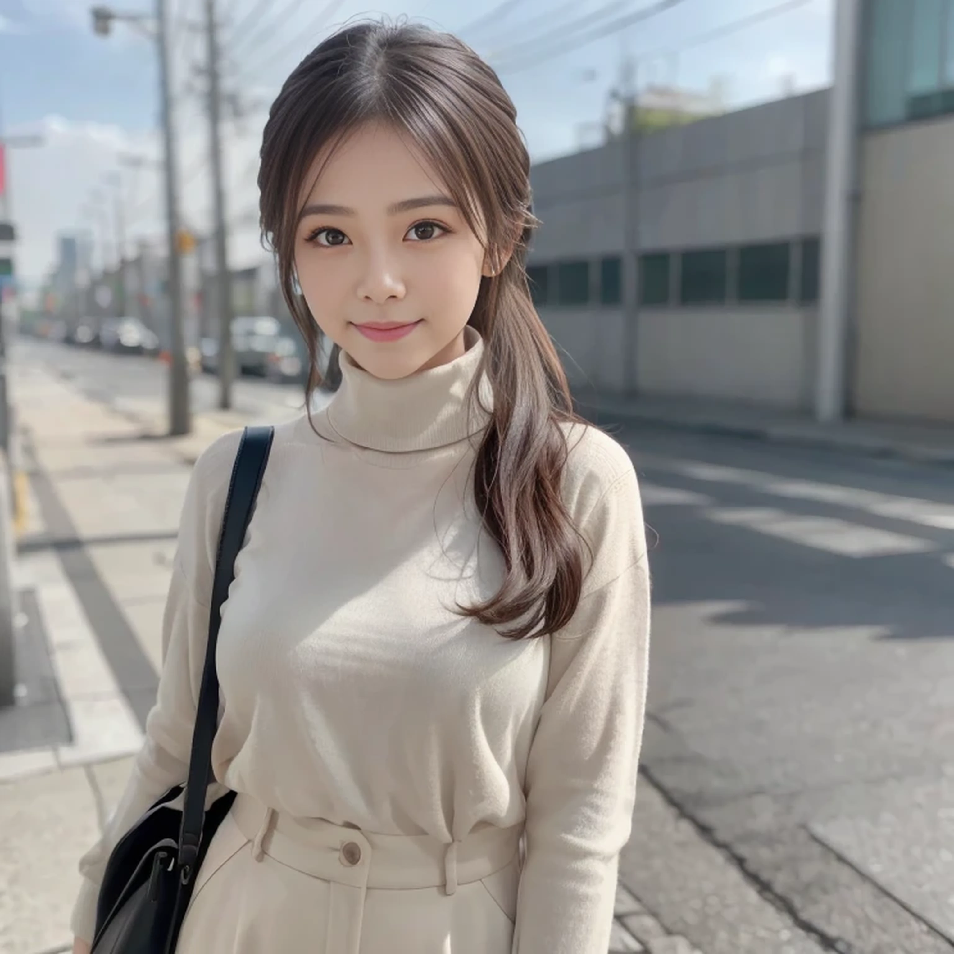 (huge 、Grey Turtleneck Knit、Shoulder bag)、(Highest quality,masterpiece:1.3,Ultra-high resolution,),(Ultra-detailed,Caustics),(Photorealistic:1.4,RAW shooting,)Ultra-Realistic Capture,Very detailed,High resolution 16K for human skin、 The skin texture is natural、、The skin looks healthy、The color is also uniform.、 Use natural light and color,30-year-old woman,Japanese,,cute,Black-haired,Mid-length hair,(Depth of written boundary:1.3、chromatic aberration、、Wide range of lighting、Natural Shading、)、(Hair swaying in the wind:1.2)、（Captivating smile:1.2）,（schedule:1.2）、 Tokyo cityscape