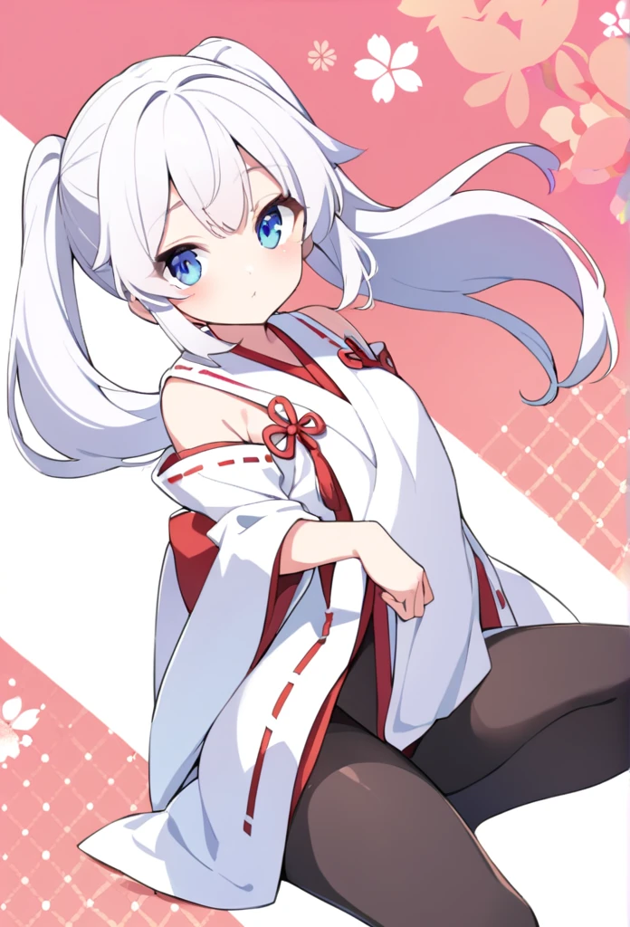 1 girl, cute, young, white hair, twintail, blue eyes, miko clothes, black tights,