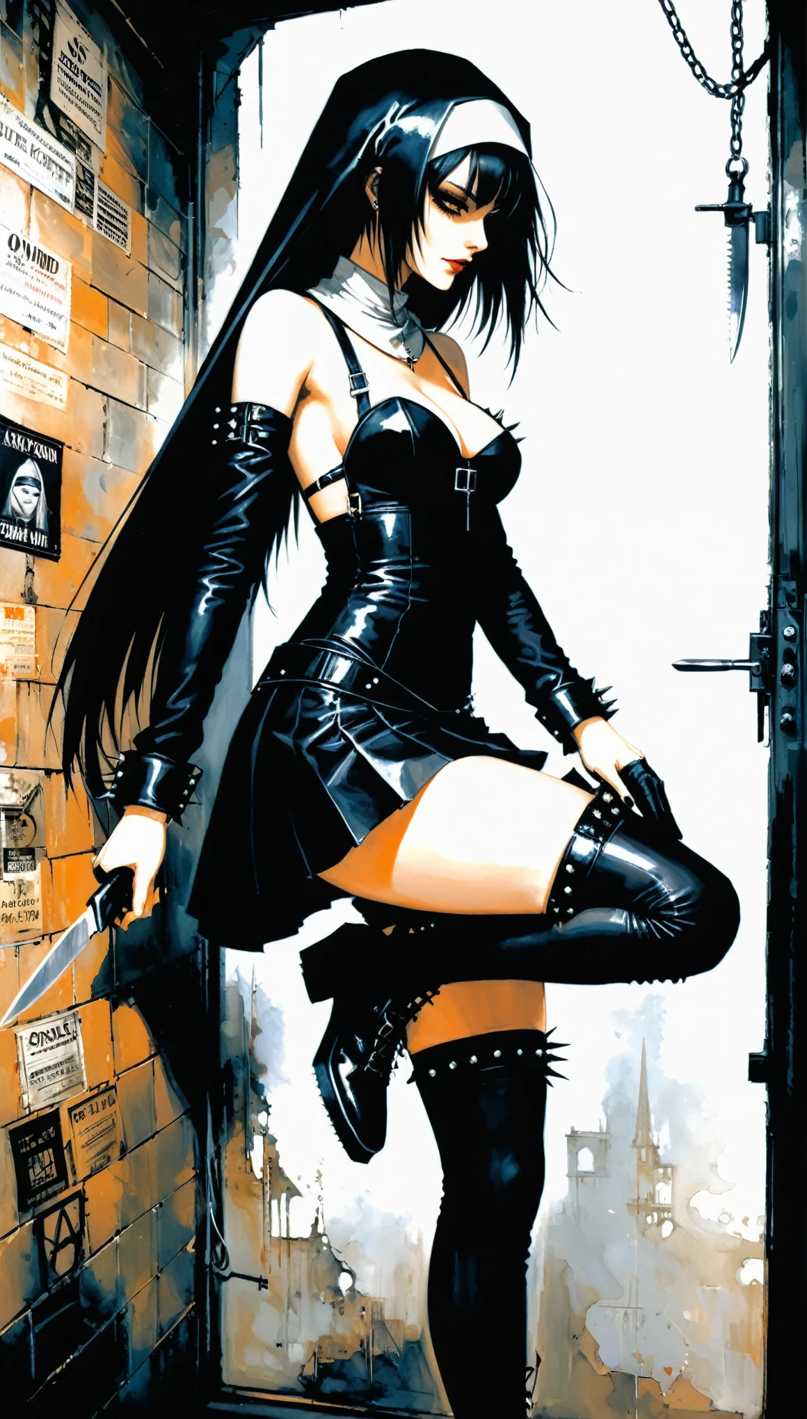 (in style of Ashley Wood:1.1),in style of Santiago Caruso,
1girl,n.u.n.s. gothic style,stocking straps,assassin nuns,a firm expression,dsmile,from the side,pulled-up skirt,bound_knees,(the knife hangs on the outside of the thigh:1.5),spiked gothpunk,