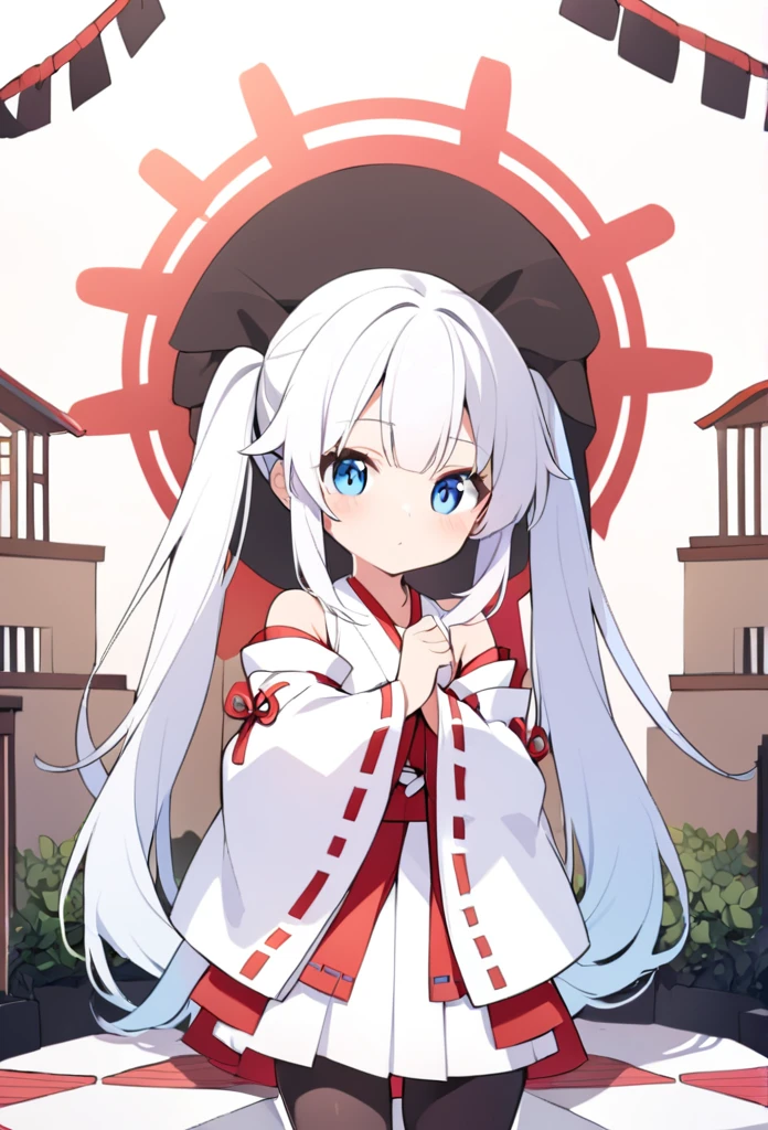 1 girl, cute, young, white hair, twintail, blue eyes, miko clothes, black tights,